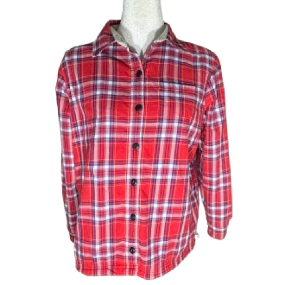 L.L. Bean Red White Blue Plaid Fleece Line Button Up Long Sleeve Shirt